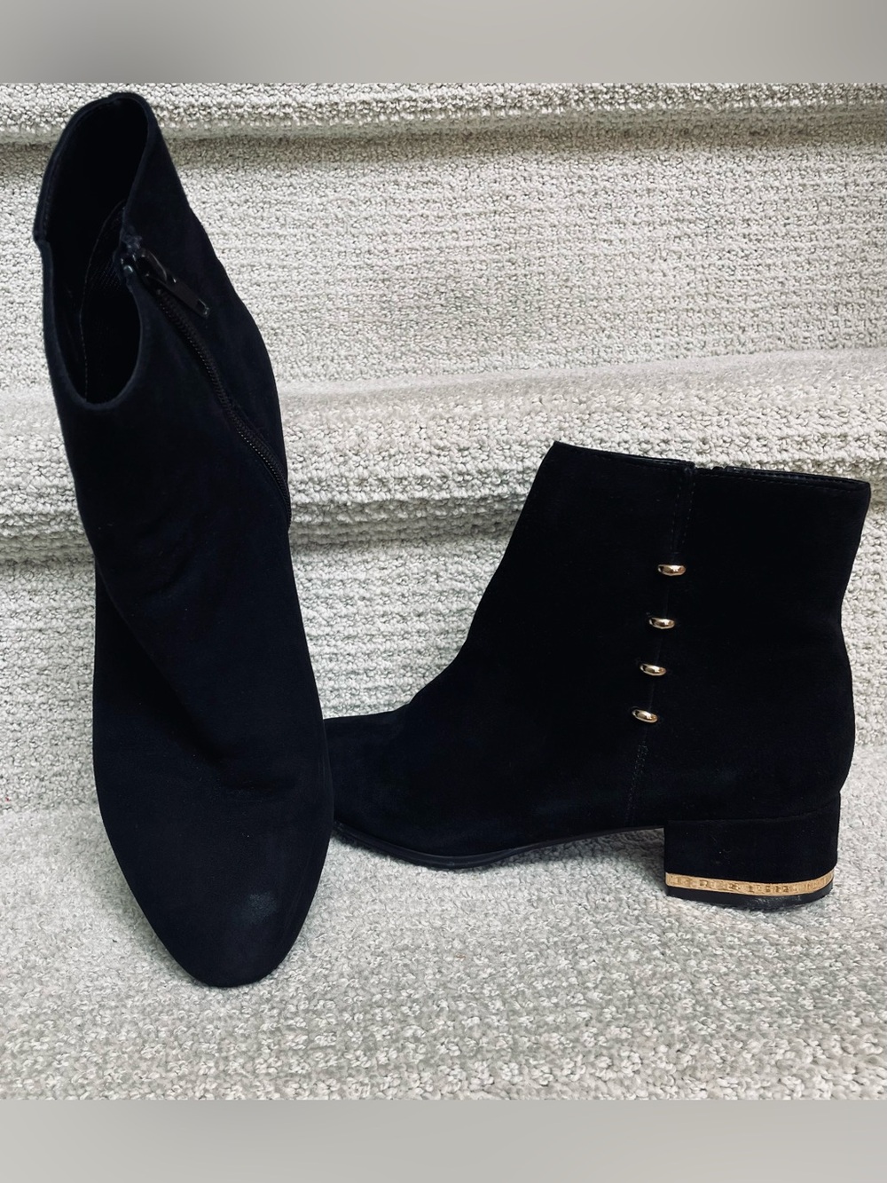 Vaneli Black Suede Ankle Booties with Gold Accents Zip Side Size 9M Classic